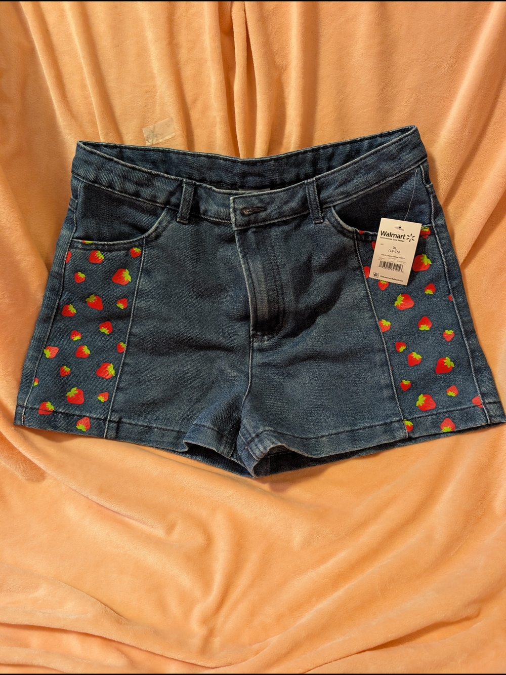 Walmart Girls' Dark Blue Denim Shorts with Strawberry Shortcake